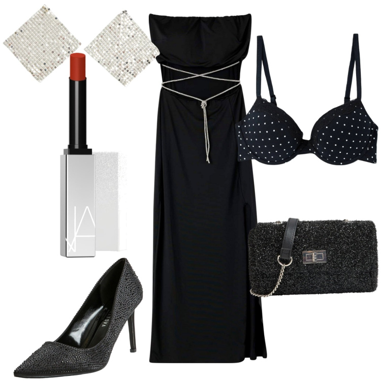 Outfit donna - Total look #1982119. Stile Chic per Serata fuori. Abbinamento con rossetti, décolleté, borse a tracolla, orecchini, vestiti lunghi, reggiseni.