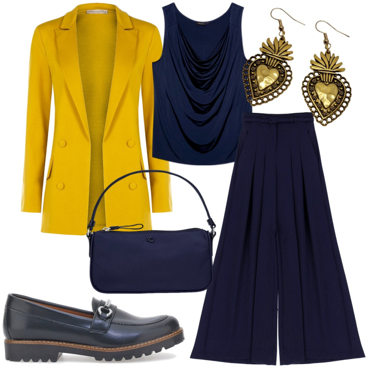 Outfit donna - Total look #1982122. Stile Casual chic per Tutti i giorni. Abbinamento con blazer, pantaloni, pochette, mocassini, top, orecchini.
