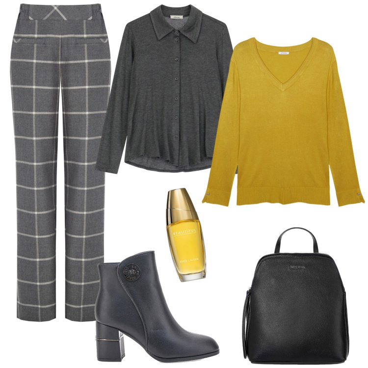Outfit donna - Grigio e ocra in classico. Stile Casual per Ufficio. Abbinamento con profumi, pantaloni, zaini, camicie, stivaletti, maglieria.