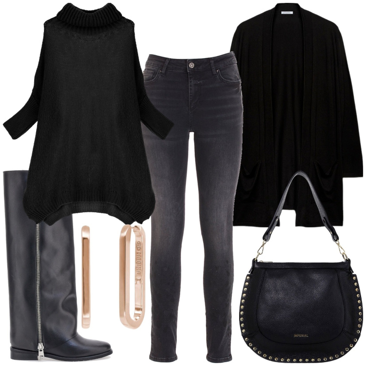Outfit donna - Total look #1982154. Stile Rock per Tutti i giorni. Abbinamento con orecchini, jeans skinny, maglieria, borse a spalla, stivali, cardigans.