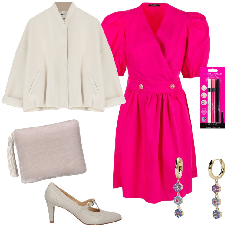 Outfit donna - Abito fuxia per cerimonia. Stile Glamour per Cerimonia. Abbinamento con décolleté, smalti, orecchini, vestiti, bomber, pochette.