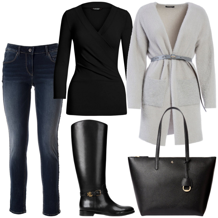 Outfit donna - Total look #1982163. Stile Casual chic per Tutti i giorni. Abbinamento con cardigans, jeans skinny, top, stivali, borse tote.
