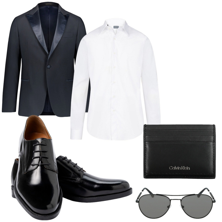 Outfit uomo - Smoking classico uomo. Stile Business/Elegante per Cerimonia. Abbinamento con abiti, scarpe stringate, camicie, occhiali da sole, portafogli.