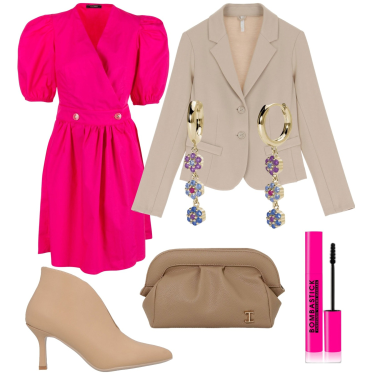 Outfit donna - Total look #1982168. Stile Chic per Cerimonia. Abbinamento con stivaletti, mascara, orecchini, vestiti, borse a mano, blazer.