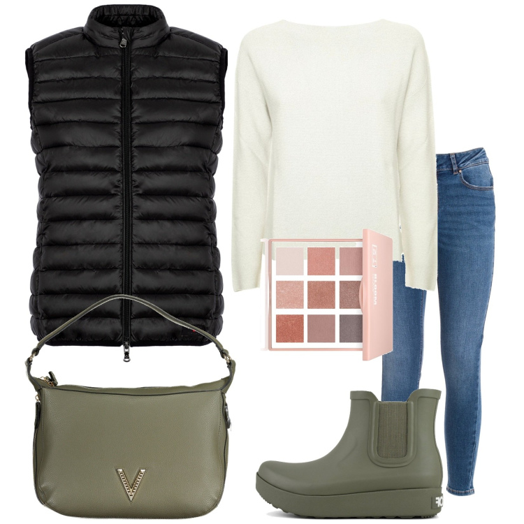 Outfit donna - Total look #1982170. Stile Casual per Tutti i giorni. Abbinamento con ombretti, jeans skinny, piumini, stivali, borse a spalla, maglieria.