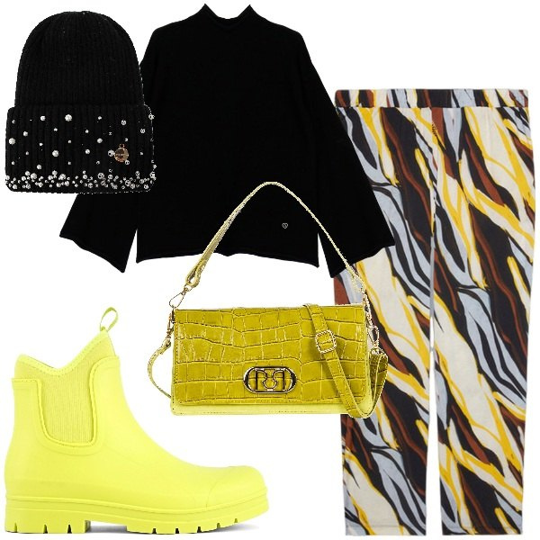 Outfit donna - Colorati da pioggia. Stile Trendy per Tutti i giorni. Abbinamento con berretti, borse a tracolla, pullovers, stivali, pantaloni a palazzo.