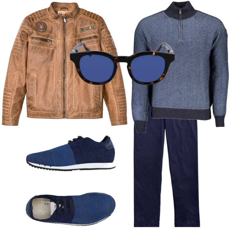 Outfit uomo - Domenica mattina. Stile Trendy per Tutti i giorni. Abbinamento con giacche, sneakers, pantaloni, maglieria, occhiali da sole.