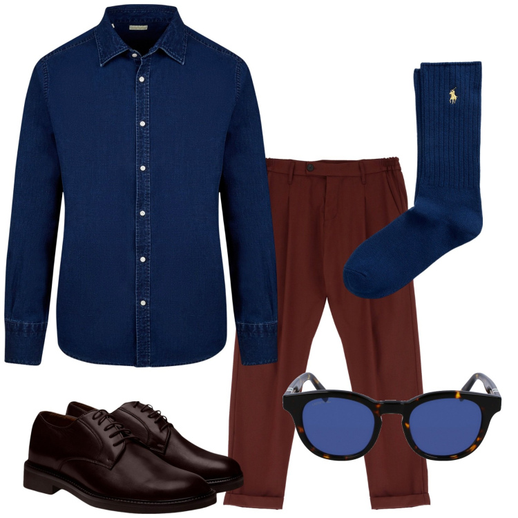 Outfit uomo - My brunch. Stile Trendy per Tutti i giorni. Abbinamento con pantaloni, calzini, scarpe stringate, occhiali da sole, camicie.