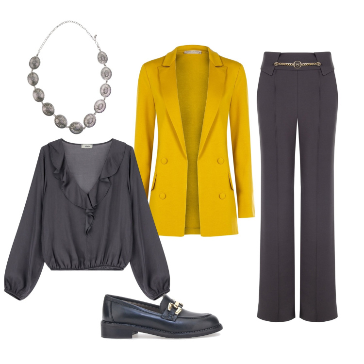 Outfit donna - Comodi in ufficio. Stile Casual chic per Ufficio. Abbinamento con cinture, pantaloni, blazer, bluse, mocassini.