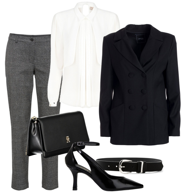 Outfit donna - Con il pantalone a quadri. Stile Casual chic per Ufficio. Abbinamento con pantaloni, cinture, bluse, blazer, décolleté, borse a tracolla.