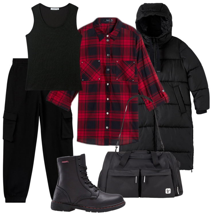 Outfit donna - La borsa sportiva. Stile Trendy per Tutti i giorni. Abbinamento con camicie, stivaletti, pantaloni cargo, piumini, canottiere, borse sportive.