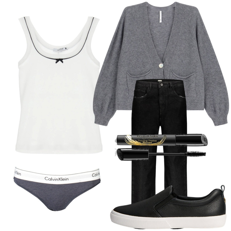 Outfit donna - Occhio agli slip. Stile Basic per Tutti i giorni. Abbinamento con mascara, top, cardigans, sneakers, jeans, culotte.