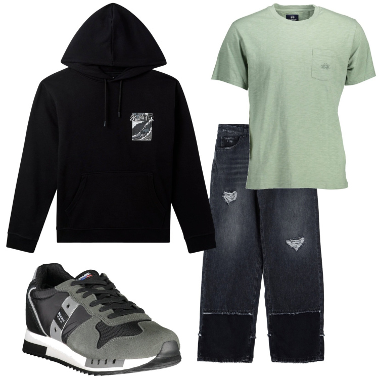 Outfit uomo - Total look #1982207. Stile Urban per Tutti i giorni. Abbinamento con felpe con cappuccio, jeans, sneakers, t-shirt.
