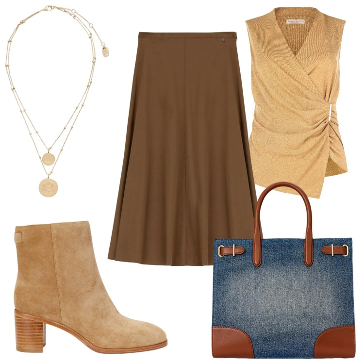 Outfit donna - Ocra glamour. Stile Glamour per Tutti i giorni. Abbinamento con top, gonne longuette, ciondoli, borse tote, stivaletti.