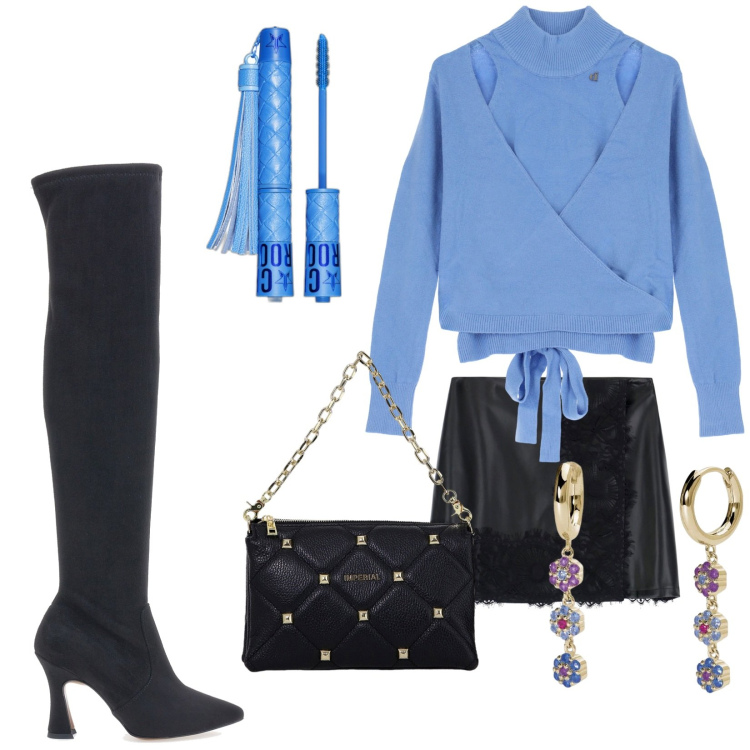 Outfit donna - Stivale e midi. Stile Trendy per Serata fuori. Abbinamento con mascara, orecchini, minigonne, borse a spalla, maglieria, stivali.