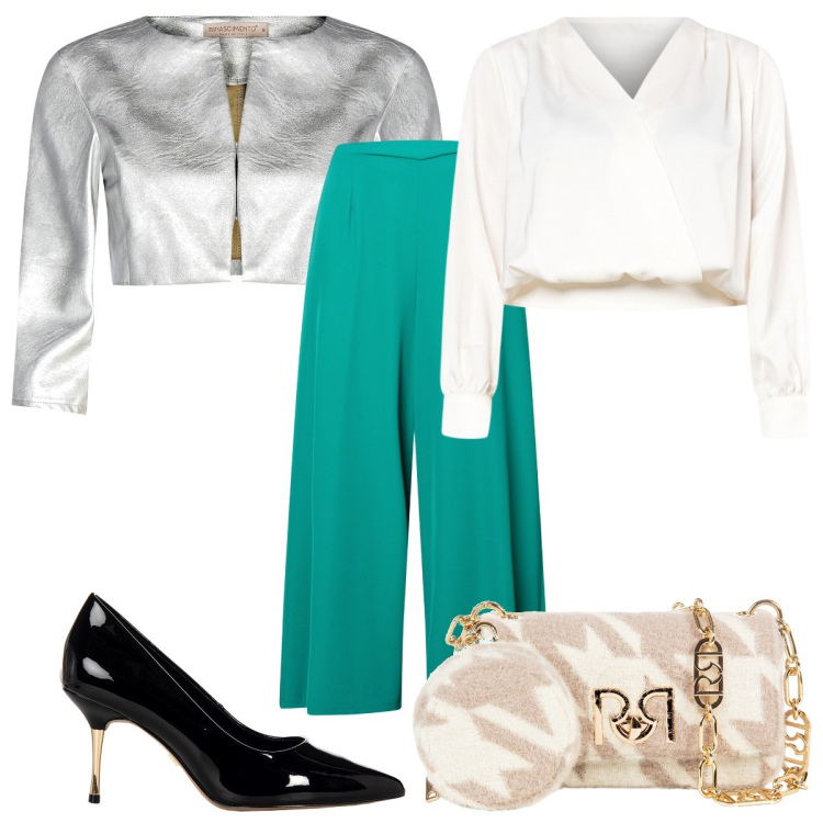 Outfit donna - Rinascimento : autunno trendy. Stile Trendy per Tutti i giorni. Abbinamento con bolero, pantaloni a palazzo, bluse, borse a tracolla, décolleté.