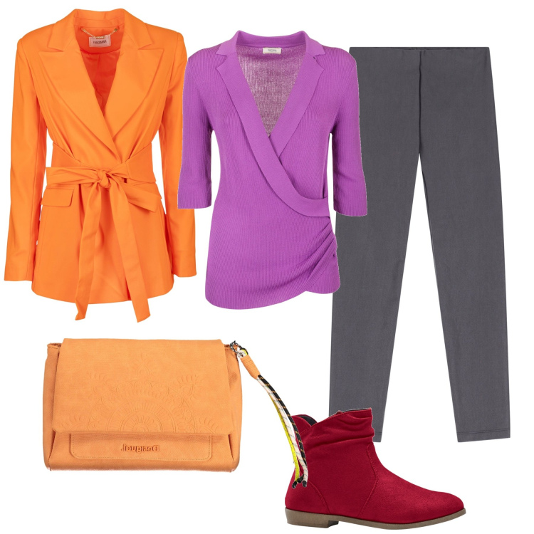 Outfit donna - Ufficio vitaminico. Stile Trendy per Ufficio. Abbinamento con stivaletti, maglieria, blazer, pantaloni skinny, borse a mano.