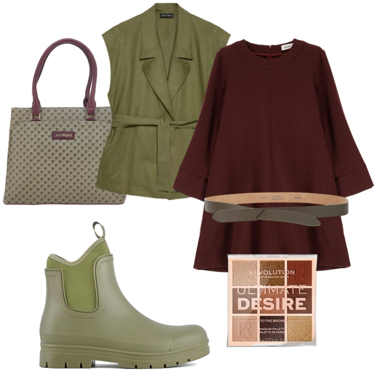 Outfit donna - Autunno trendy. Stile Trendy per Tutti i giorni. Abbinamento con ombretti, vestiti, cinture, stivali, blazer, borse a mano.