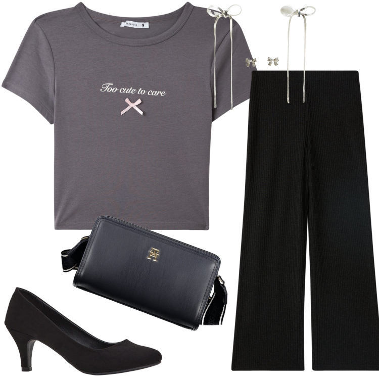 Outfit donna - Il celebre fiocchetto rosa. Stile Bon Ton per Tutti i giorni. Abbinamento con décolleté, t-shirt, pantaloni, orecchini, borse a tracolla.