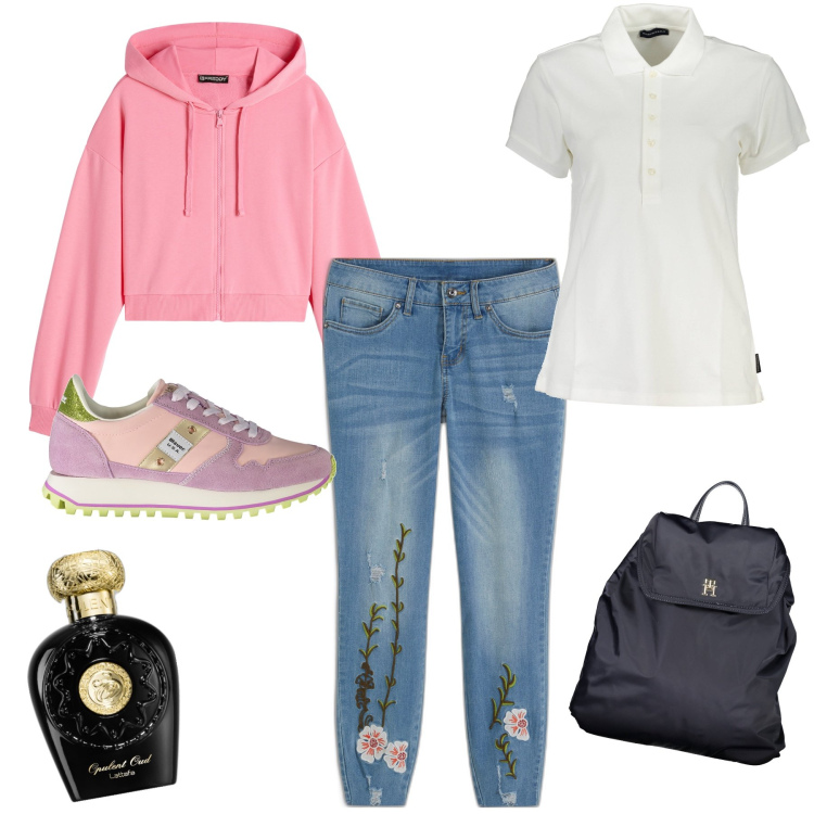 Outfit donna - Passeggiata romantica. Stile Casual chic per Tutti i giorni. Abbinamento con jeans, profumi, felpe con cappuccio, zaini, sneakers, polo.