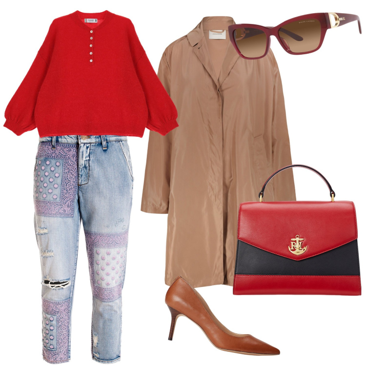 Outfit donna - Casual e bon ton. Stile Trendy per Tutti i giorni. Abbinamento con jeans strappati, maglieria, borse a mano, occhiali da sole, décolleté, trench.