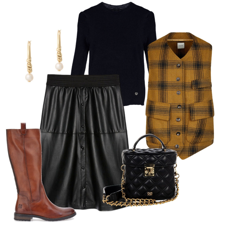 Outfit donna - Gilet ocra preppy style. Stile Preppy per Tutti i giorni. Abbinamento con borse a mano, pullovers, orecchini, gilet, gonne lunghe, stivali sopra il ginocchio.