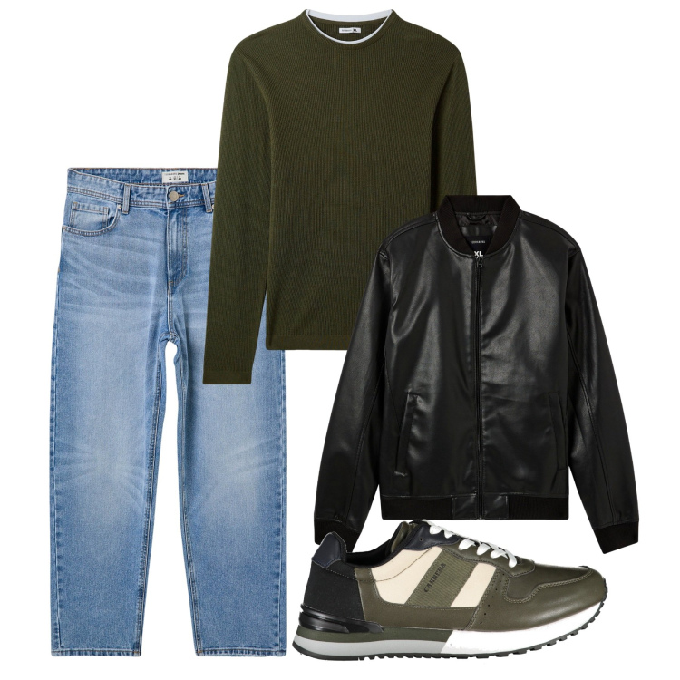 Outfit uomo - Biker time. Stile Urban per Tutti i giorni. Abbinamento con bomber, maglieria, jeans, sneakers.