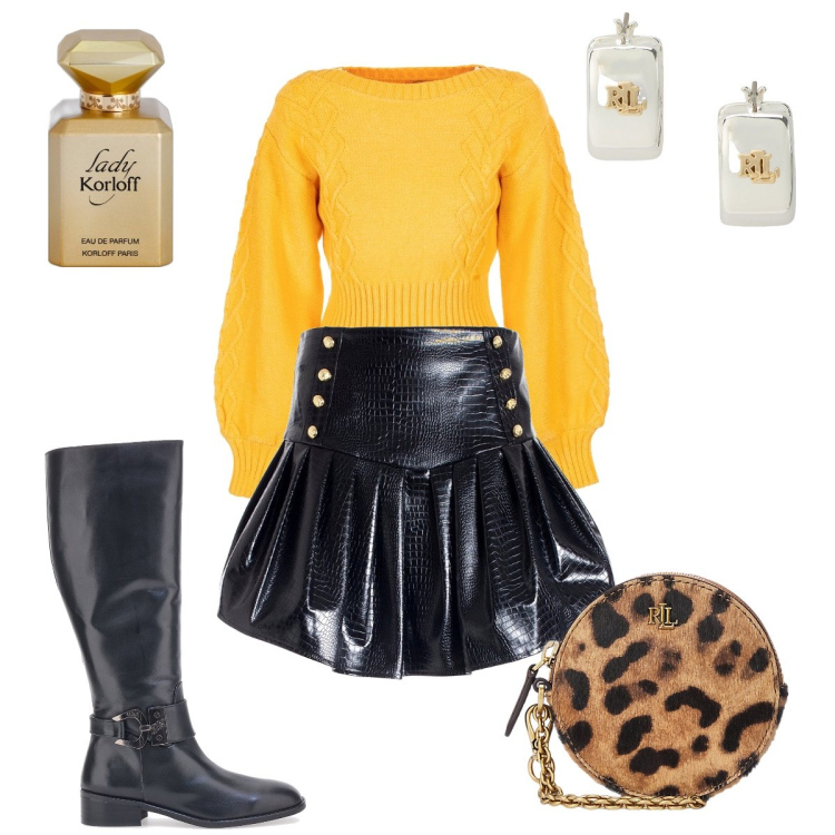 Outfit donna - La maglia giallo ocra. Stile Preppy per Serata fuori. Abbinamento con profumi, maglieria, gonne, orecchini, pochette, stivali.