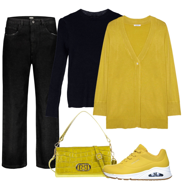Outfit donna - Cardigan ocra. Stile Casual per Tutti i giorni. Abbinamento con cardigans, pullovers, borse a tracolla, jeans, sneakers.