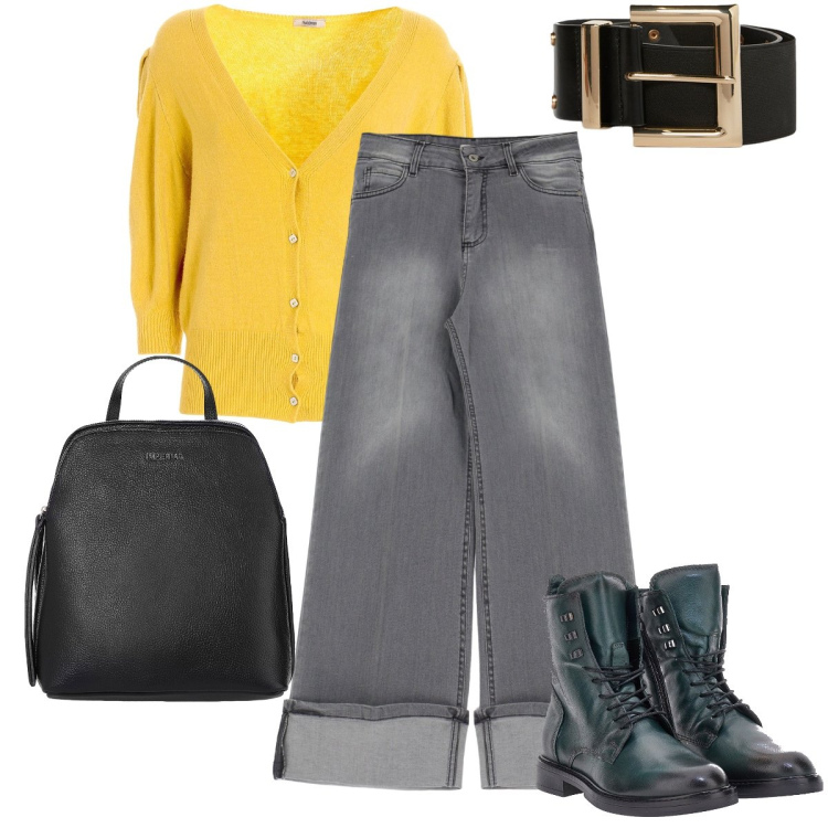 Outfit donna - Ocra + must have autunnali. Stile Urban per Tutti i giorni. Abbinamento con zaini, cardigans, jeans, anfibi, cinture.