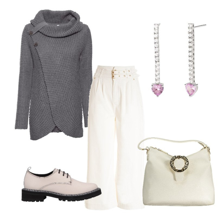 Outfit donna - Casual. Stile Casual per Tutti i giorni. Abbinamento con maglieria, scarpe stringate, orecchini, pantaloni, borse a spalla.