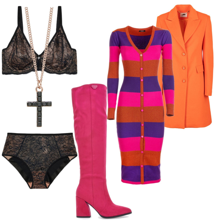 Outfit donna - Un outfit due anime. Stile Glamour per Tutti i giorni. Abbinamento con collane, cappotti, vestiti midi/longuette, culotte, reggiseni, stivali.