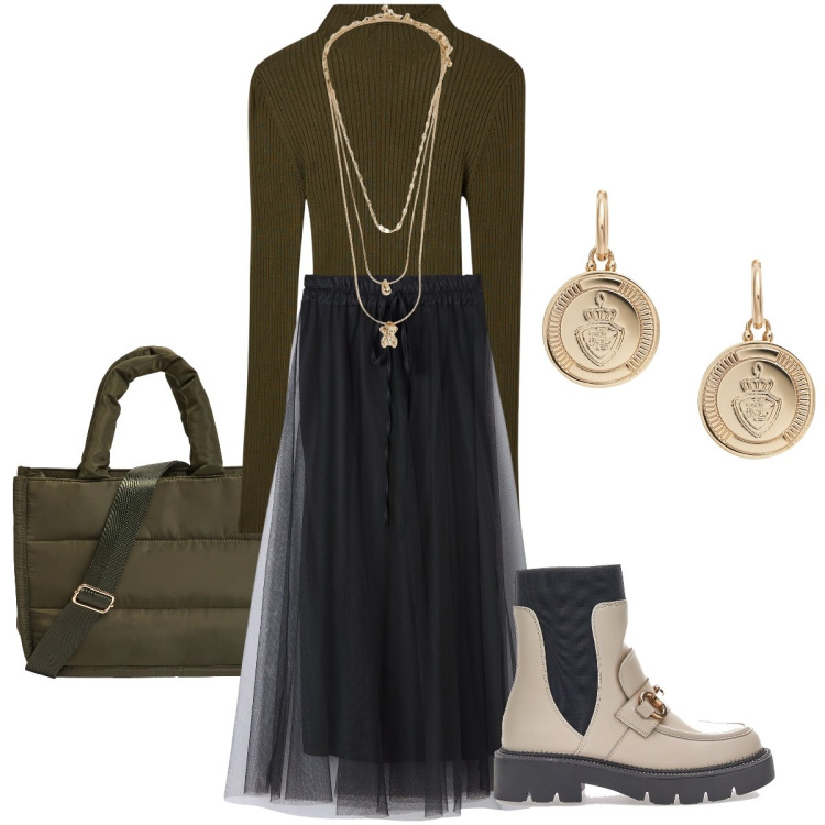 Outfit donna - Gli stivaletti a mocassino. Stile Trendy per Tutti i giorni. Abbinamento con gonne lunghe, shopping bag, ciondoli, maglieria, orecchini, stivaletti.