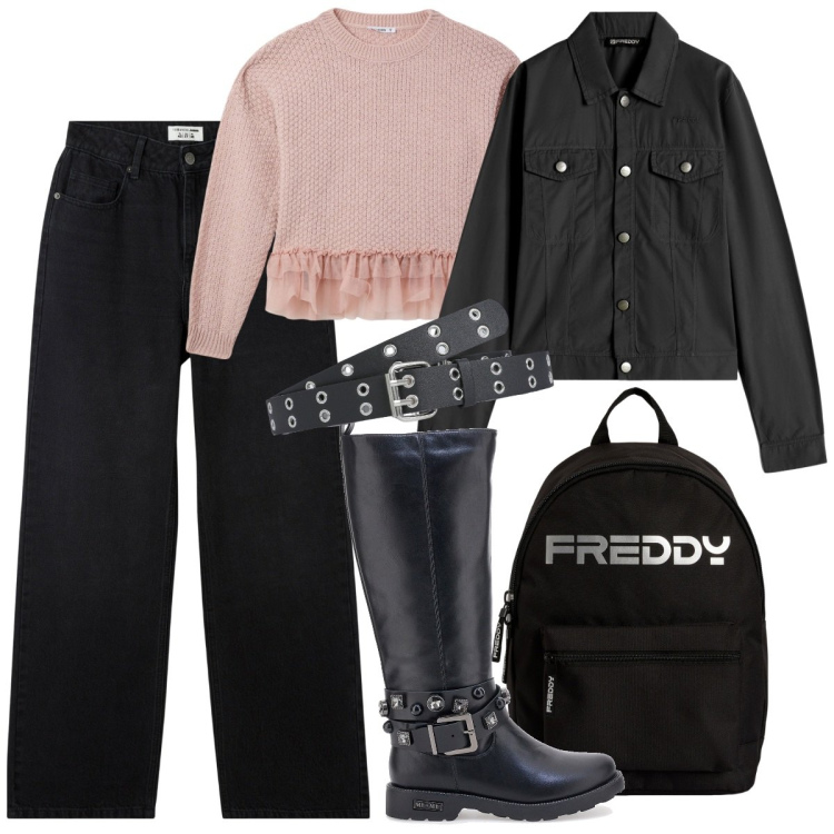 Outfit donna - Stivali per l\'autunno. Stile Rock per Tutti i giorni. Abbinamento con jeans, maglieria, cinture, blazer, zaini, stivali sopra il ginocchio.