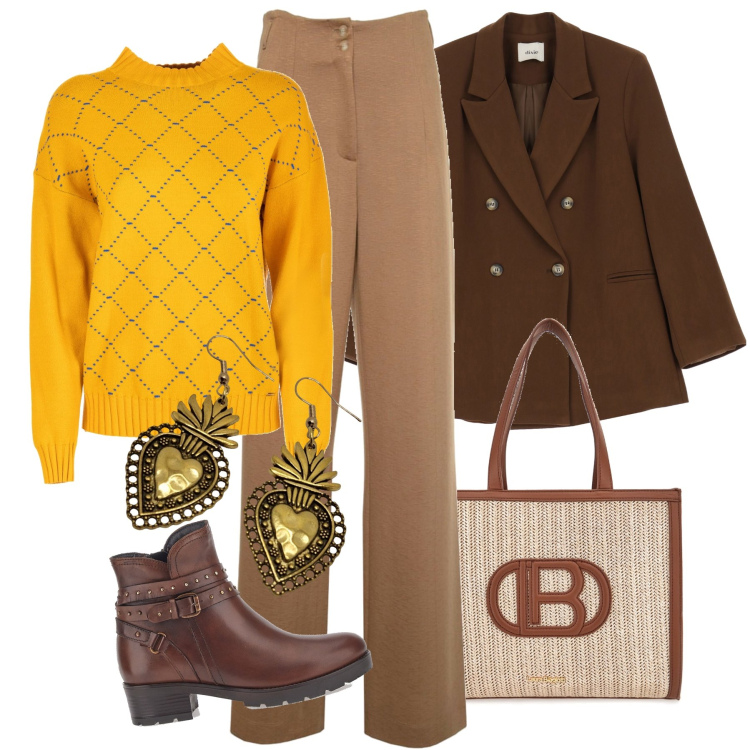 Outfit donna - I colori dell autunno. Stile Casual chic per Tutti i giorni. Abbinamento con blazer, maglieria, stivaletti, jeans a zampa, borse a spalla, orecchini.