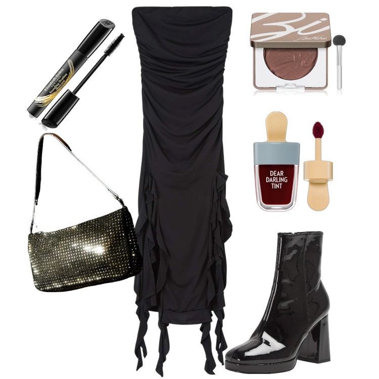 Outfit donna - Zombie elegante. Stile Vintage retrò per Serata fuori. Abbinamento con rossetti, ombretti, mascara, stivaletti, vestiti, borse a spalla.