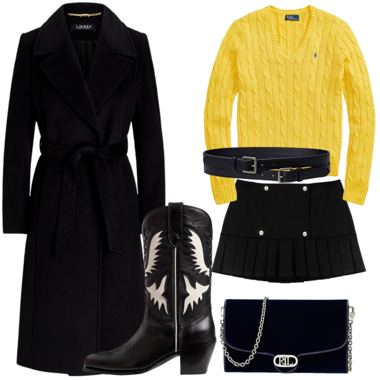 Outfit donna - Il pull ocra. Stile Bon Ton per Serata fuori. Abbinamento con minigonne, cappotti, maglieria, cinture, stivali, borse a tracolla.