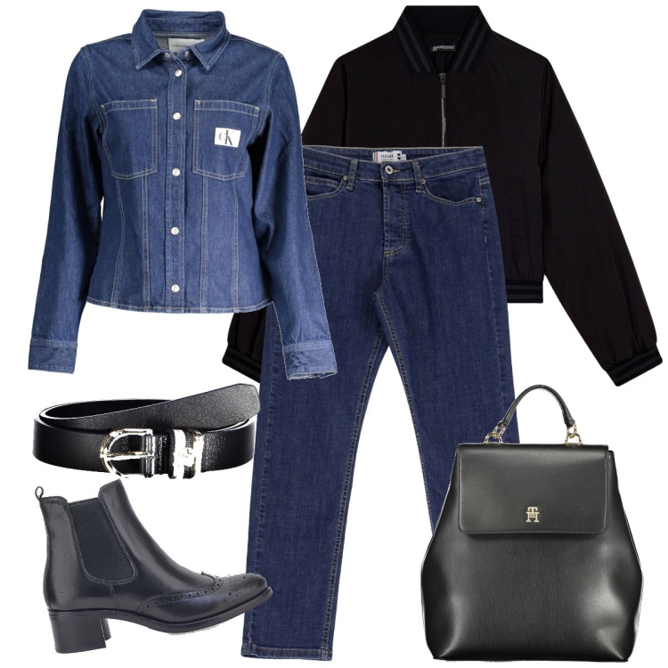 Outfit donna - Denim su denim. Stile Basic per Tutti i giorni. Abbinamento con jeans dritti, bomber, stivaletti chelsea, zaini, cinture, camicie.