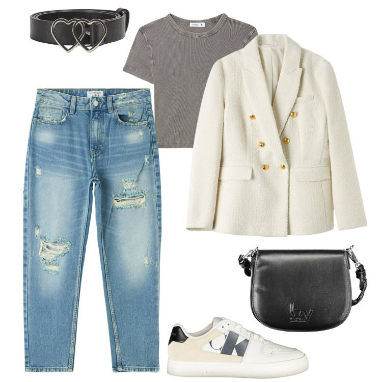Outfit donna - City. Stile Chic per Tutti i giorni. Abbinamento con jeans mom, blazer, t-shirt, cinture, sneakers, borse a spalla.