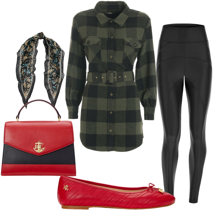 Outfit donna - Nero Rosso e verde. Stile Casual per Tutti i giorni. Abbinamento con camicie, pantaloni skinny, borse a mano, foulard, ballerine.