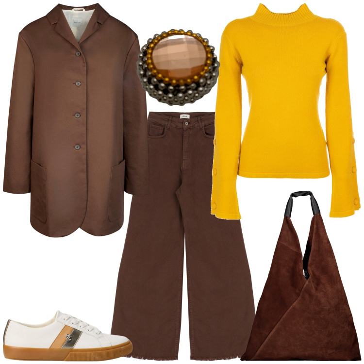 Outfit donna - Ocra+ must have autunnali. Stile Trendy per Tutti i giorni. Abbinamento con maglieria, jeans, sneakers, trench, borse a spalla, anelli.