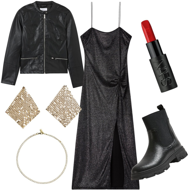 Outfit donna - Vampira chic. Stile Sexy per Serata fuori. Abbinamento con rossetti, vestiti lunghi, blazer, orecchini, stivaletti chelsea, braccialetti.