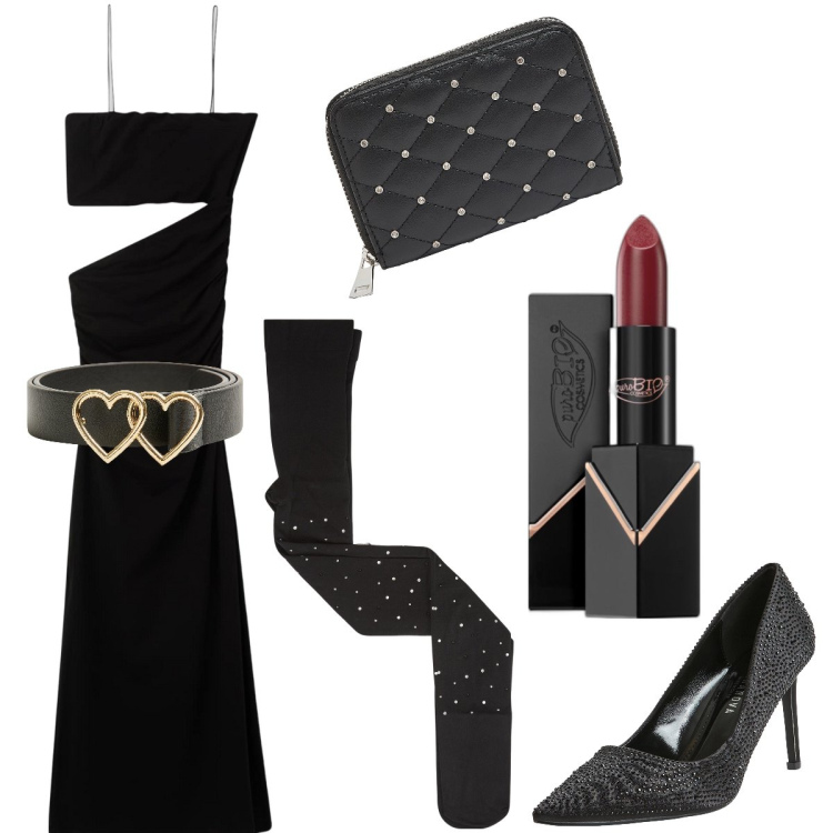 Outfit donna - Strega gotica. Stile Glamour per Serata fuori. Abbinamento con rossetti, cinture, vestiti lunghi, portafogli, décolleté, collant.