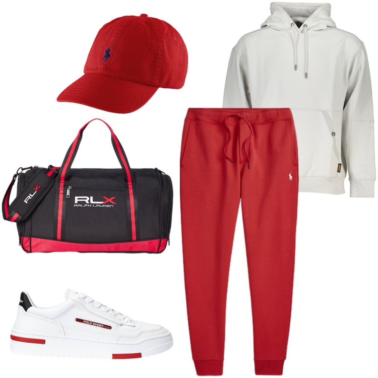 Outfit uomo - Rosso protagonista. Stile Casual per Sport. Abbinamento con cappelli, borse sportive, sneakers, pantaloni, felpe con cappuccio.
