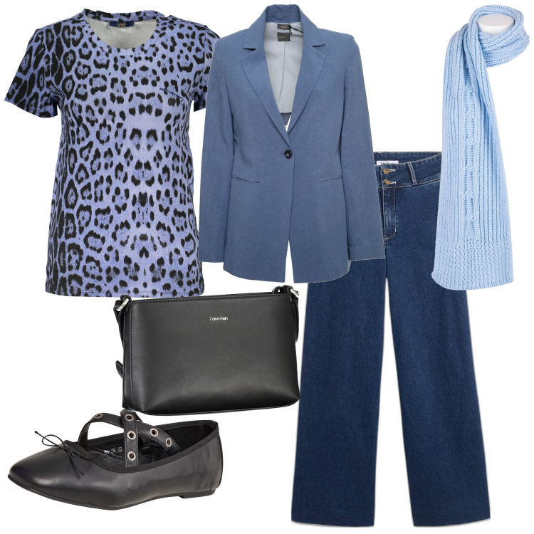 Outfit donna - Animalier bon ton. Stile Urban per Tutti i giorni. Abbinamento con jeans, ballerine, sciarpe, blazer, t-shirt, borse a tracolla.
