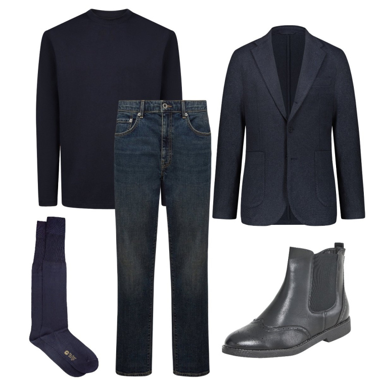 Outfit uomo - Blu elegante. Stile Business/Elegante per Serata speciale. Abbinamento con stivali e stivaletti, calzini, giacche, t-shirt, jeans.