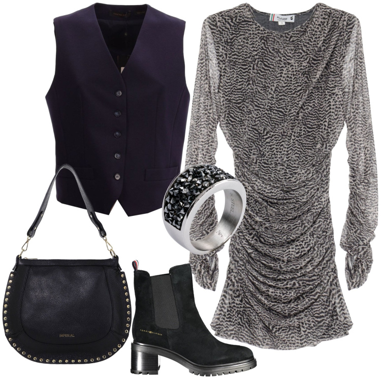 Outfit donna - Abito e gilè. Stile Trendy per Ufficio. Abbinamento con anelli, vestiti corti, borse a spalla, stivaletti, gilet.