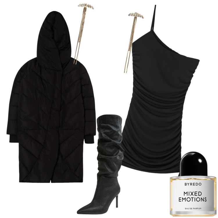 Outfit donna - Strega sexy ma al caldo. Stile Sexy per Serata fuori. Abbinamento con profumi, orecchini, blazer, vestiti corti, stivali.