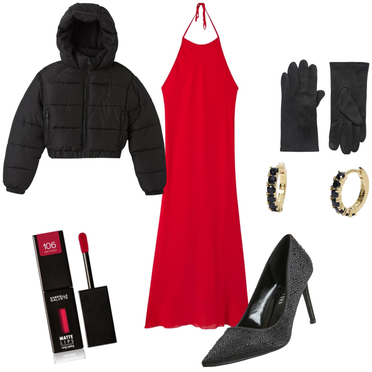 Outfit donna - Diavoletto tentatore. Stile Glamour per Serata fuori. Abbinamento con rossetti, guanti, vestiti midi/longuette, décolleté, blazer, orecchini.