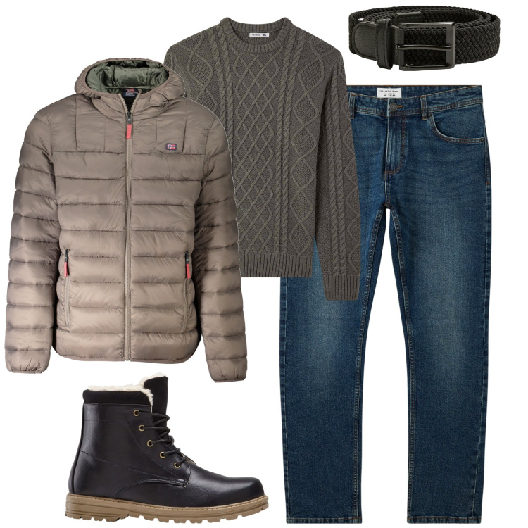 Outfit uomo - Fa freddo. Stile Urban per Tutti i giorni. Abbinamento con stivali e stivaletti, jeans, maglieria, cinture, giacche.